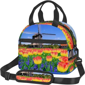 Dutch Windmill,Insulated Reusable Lunch Bag with Adjustable Shoulder Strap for Adults,Spring Flowers with Dutch Windmill,Leakproof Office Picnic Hiking Beach Tote Bag,Multicolor,9x5x7.8in