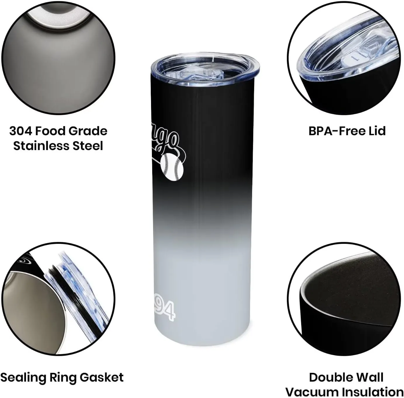 EBBUGAS Chicago EST 1894 Tumblers 20oz Straight Skinny Car Cups Sports Travel Coffee Mug, Stainless Steel, Insulated,Classic Collection Gifts for Men Women Fans.