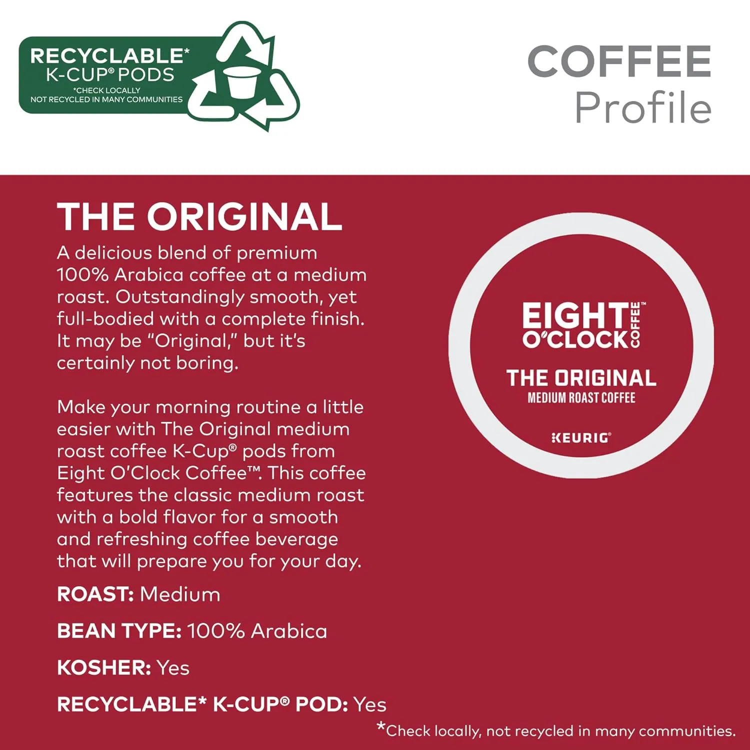 Eight O'Clock Coffee The Original, Keurig Single Serve K-Cup Pods, Medium Roast, 72 Count (6 Packs of 12)