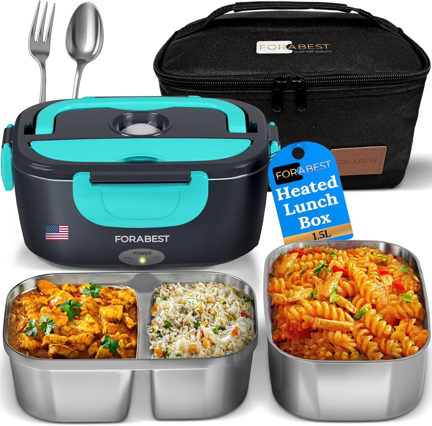 Electric Lunch Box for Adults – 80W Fast-Heated Lunch Box, 1.5L Portable Food Warmer with 2 Stainless Steel Trays – 12/24V for Car/Truck, 110/220V for Office/Travel – Lonchera Eléctrica Portátil