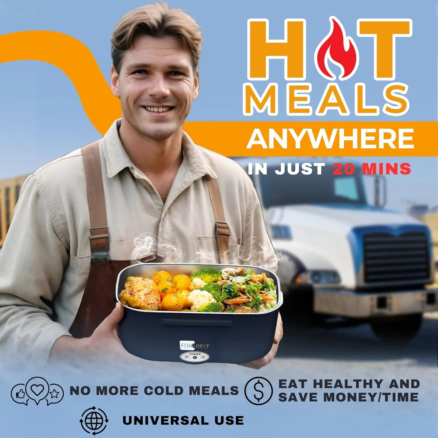 Electric Lunch Box for Adults – 80W Fast-Heated Lunch Box, 1.5L Portable Food Warmer with 2 Stainless Steel Trays – 12/24V for Car/Truck, 110/220V for Office/Travel – Lonchera Eléctrica Portátil