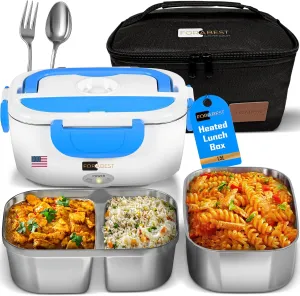 Electric Lunch Box for Adults – 80W Fast-Heated Lunch Box, 1.5L Portable Food Warmer with 2 Stainless Steel Trays – 12/24V for Car/Truck, 110/220V for Office/Travel – Lonchera Eléctrica Portátil