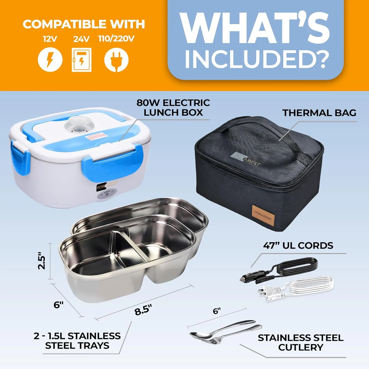 Electric Lunch Box for Adults – 80W Fast-Heated Lunch Box, 1.5L Portable Food Warmer with 2 Stainless Steel Trays – 12/24V for Car/Truck, 110/220V for Office/Travel – Lonchera Eléctrica Portátil