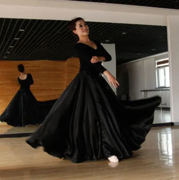 Elegant Women's Satin Long Skirt for Chinese Folk Dance – Solid Color