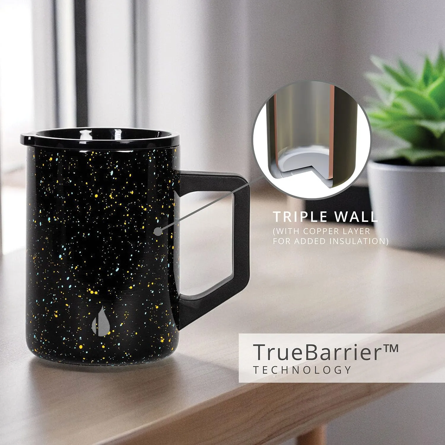 Elemental Insulated Coffee Mug - Triple-Wall Stainless Steel Summit Travel Cup for Hot and Cold Drinks - Thermal Coffee Mug with Lid and Handle for Camping, Office & Travel 16oz - Black Speckle
