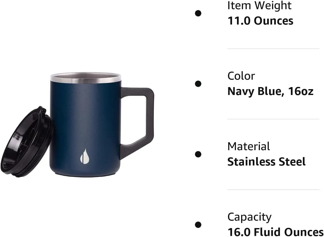 Elemental Insulated Coffee Mug - Triple-Wall Stainless Steel Summit Travel Cup for Hot and Cold Drinks - Thermal Coffee Mug with Lid and Handle for Camping, Office & Travel 16oz - Navy Blue