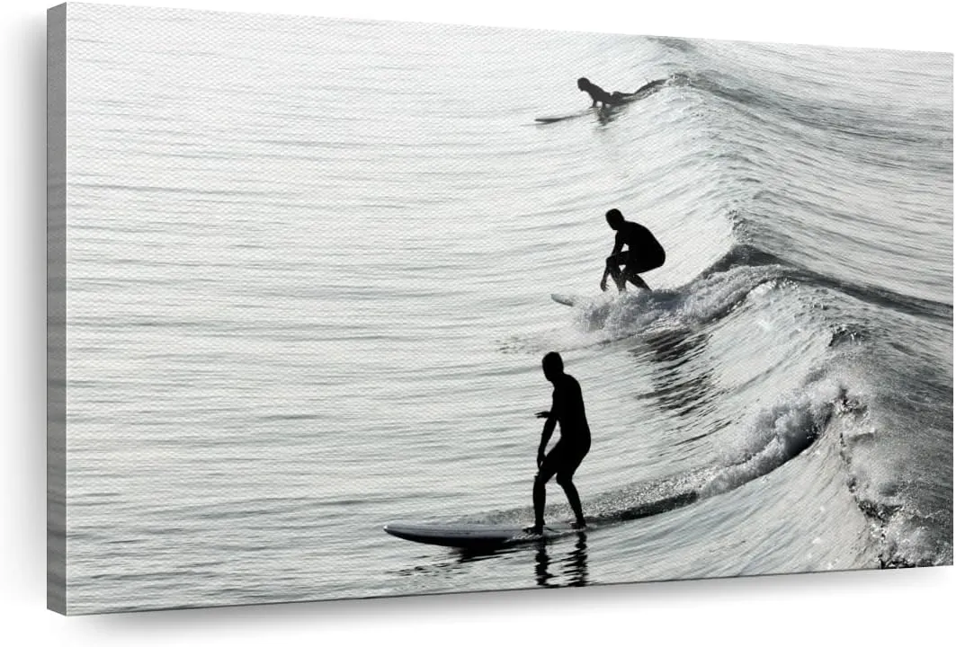 Elephant Stock Surfing Stances Canvas - 1 Panel BW Photography Surf Art Elegant Ocean Art - Beach Wall Art - Black and White Art - Ready-to-Hang - 12" X 8"