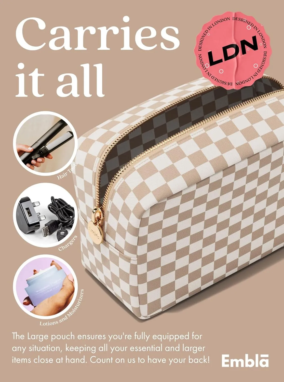 Embla Makeup Bag Travel Cosmetics Pouch and Toiletry Bag, Nylon Zipper Pouch Purse, Cute Make Up Organizer Storage Tote for Women Girls, Travel Skincare Case, Large Makeup Case, Sand Checkered