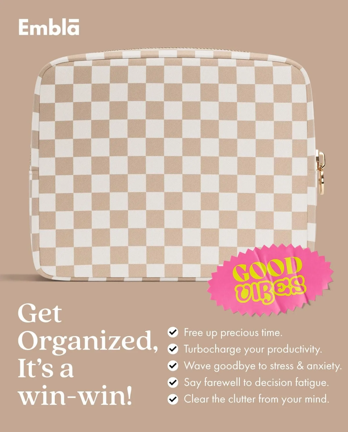 Embla Makeup Bag Travel Cosmetics Pouch and Toiletry Bag, Nylon Zipper Pouch Purse, Cute Make Up Organizer Storage Tote for Women Girls, Travel Skincare Case, Large Makeup Case, Sand Checkered