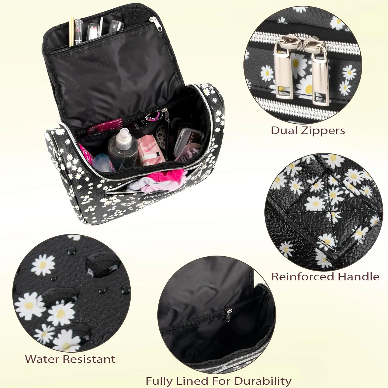 Emma & Chloe Large Cosmetic Case Makeup Organizer, Toiletry Bag for Women | 4 Section Waterproof Travel Make Up Organizing Bags (Delightful Daisies)