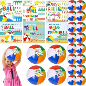 End of Year Student Gifts for Kids Beach Balls Bulk 24 Pack with Cards Kindergarten Preschool Graduation Gifts for Students from Teacher Summer Beach Party Favors