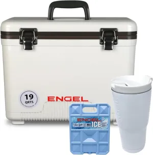 Engel UC19 19qt Leak-Proof, Air Tight, Drybox Cooler with 22 oz. Insulated Tumbler and 32°F Cooler Packs for Boating, Camping, Fishing, Hiking & Food Storage