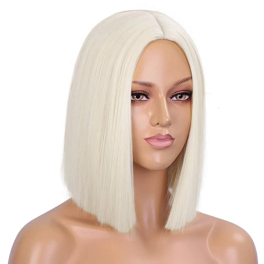 ENTRANCED STYLES Platinum Blonde Wig Straight Hair Short Bob Wigs for Women Middle Part Shoulder Length Synthetic Wig Cosplay Halloween Party Wigs