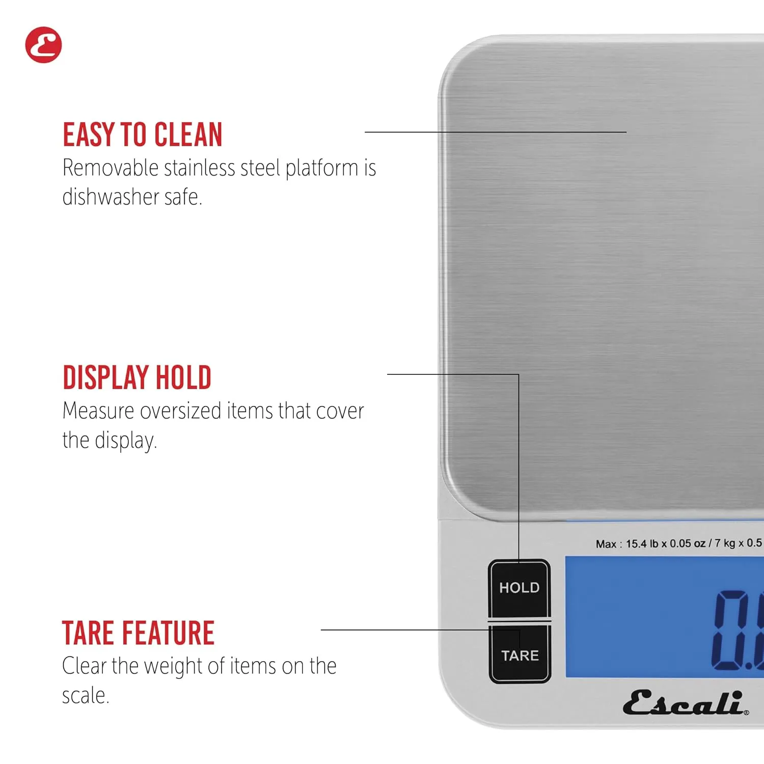 Escali Nutro Digital Food Scale, Multi-Functional Kitchen Appliance, Precise Weight Measuring and Portion Control, Baking and Cooking Made Simple, Stainless Steel Platform, Silver