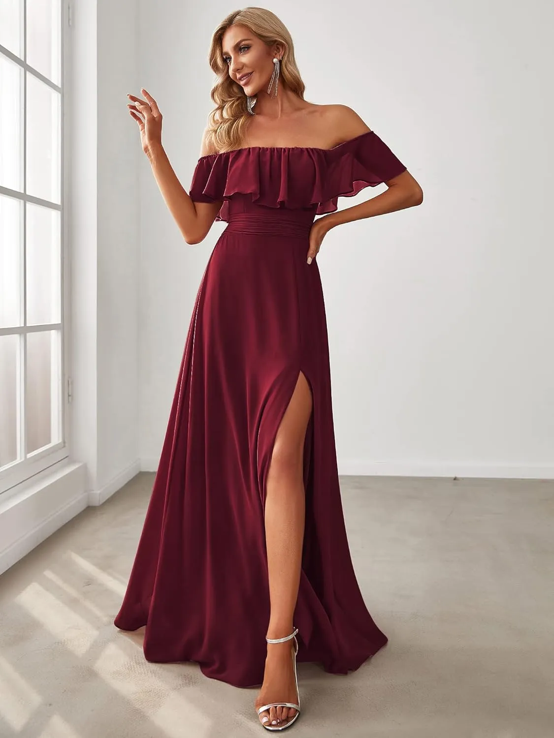 Ever-Pretty Women's Elegant Off The Shoulder Side Split High Waist Flowy Chiffon Maxi Bridesmaid Dress 00968