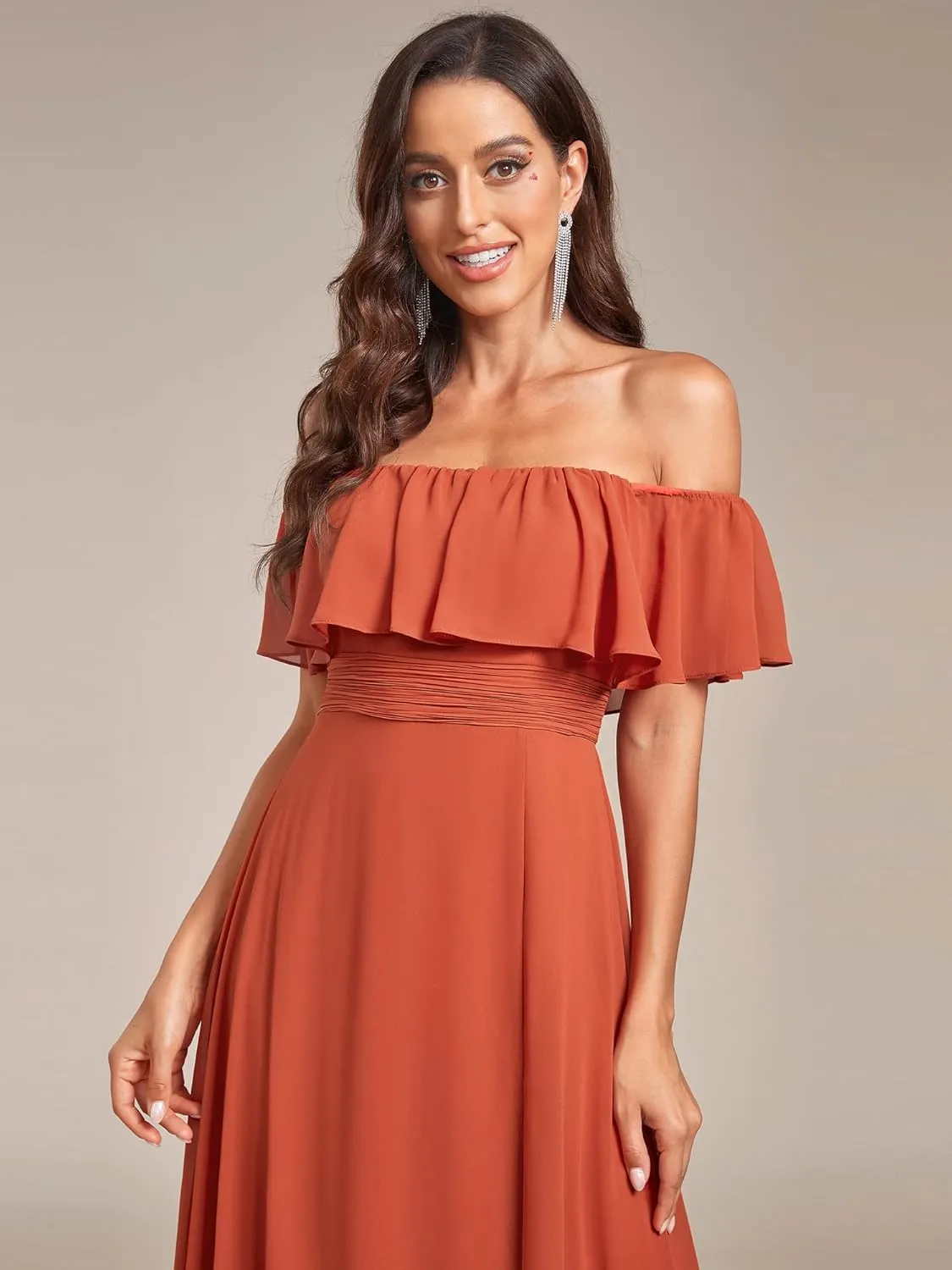 Ever-Pretty Women's Elegant Off The Shoulder Side Split High Waist Flowy Chiffon Maxi Bridesmaid Dress 00968