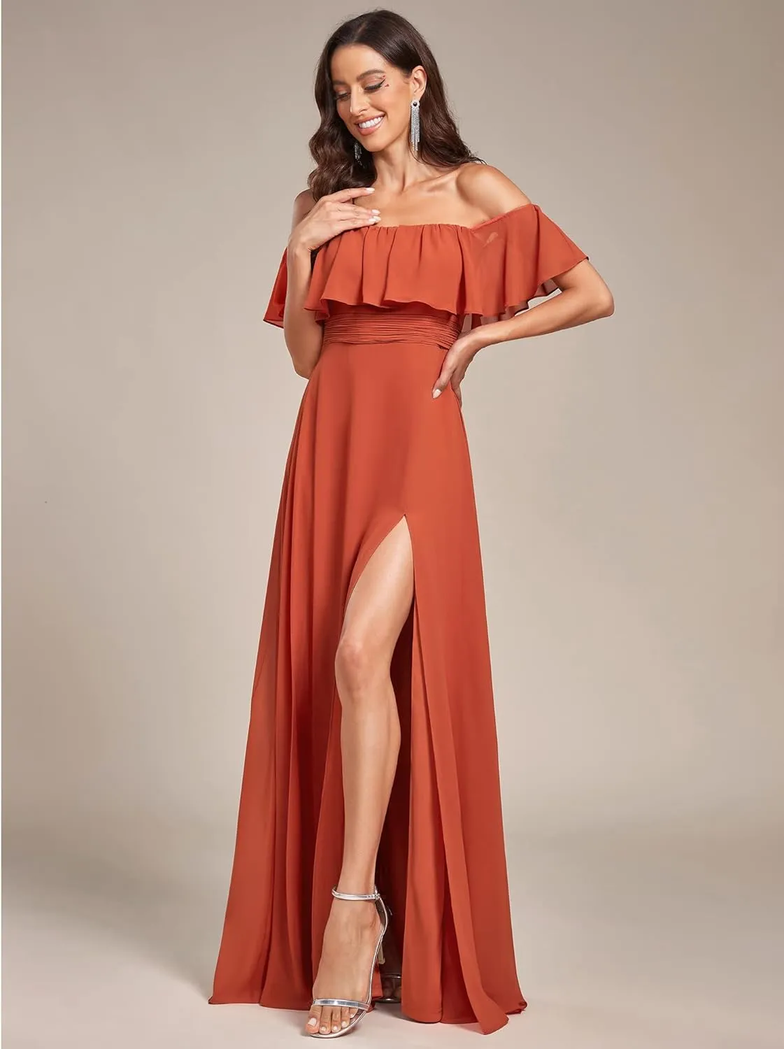 Ever-Pretty Women's Elegant Off The Shoulder Side Split High Waist Flowy Chiffon Maxi Bridesmaid Dress 00968