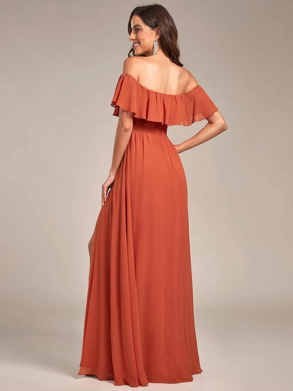 Ever-Pretty Women's Elegant Off The Shoulder Side Split High Waist Flowy Chiffon Maxi Bridesmaid Dress 00968