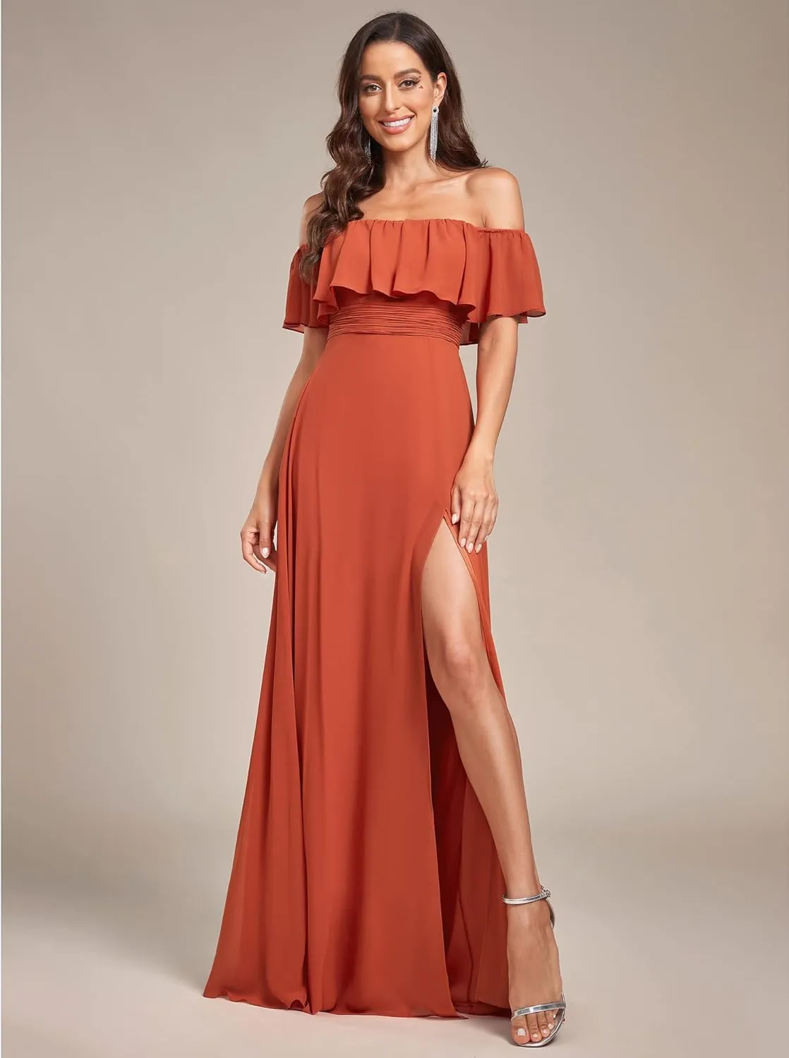 Ever-Pretty Women's Elegant Off The Shoulder Side Split High Waist Flowy Chiffon Maxi Bridesmaid Dress 00968