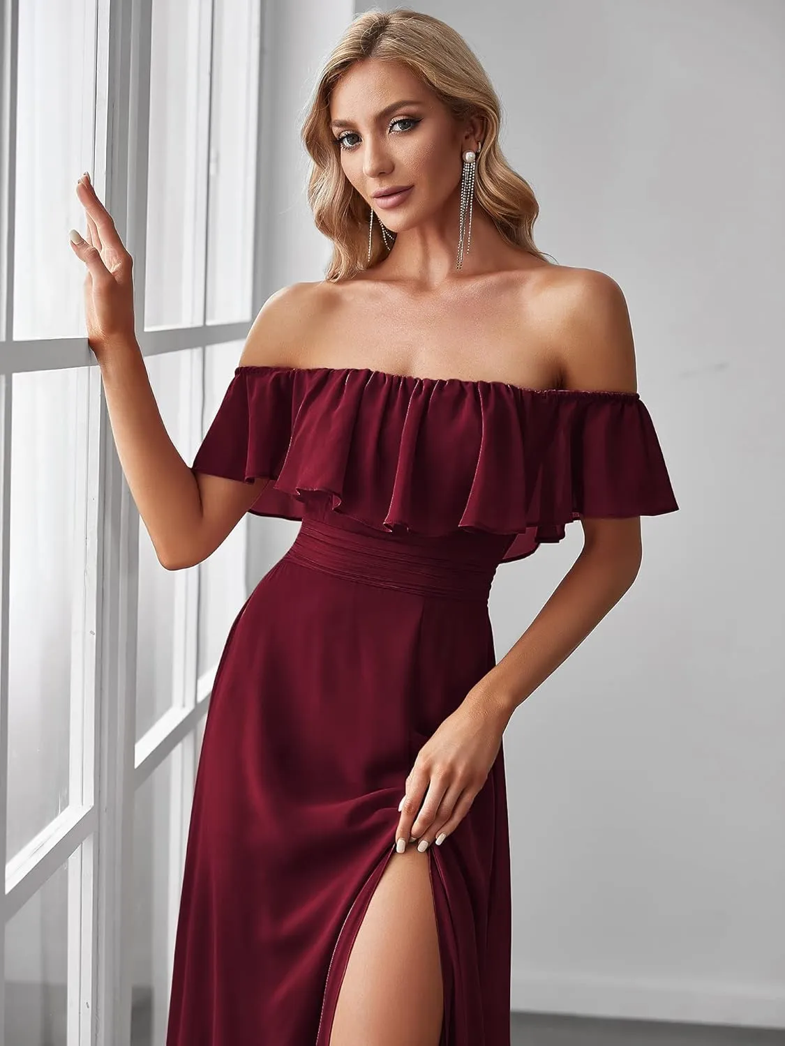 Ever-Pretty Women's Elegant Off The Shoulder Side Split High Waist Flowy Chiffon Maxi Bridesmaid Dress 00968