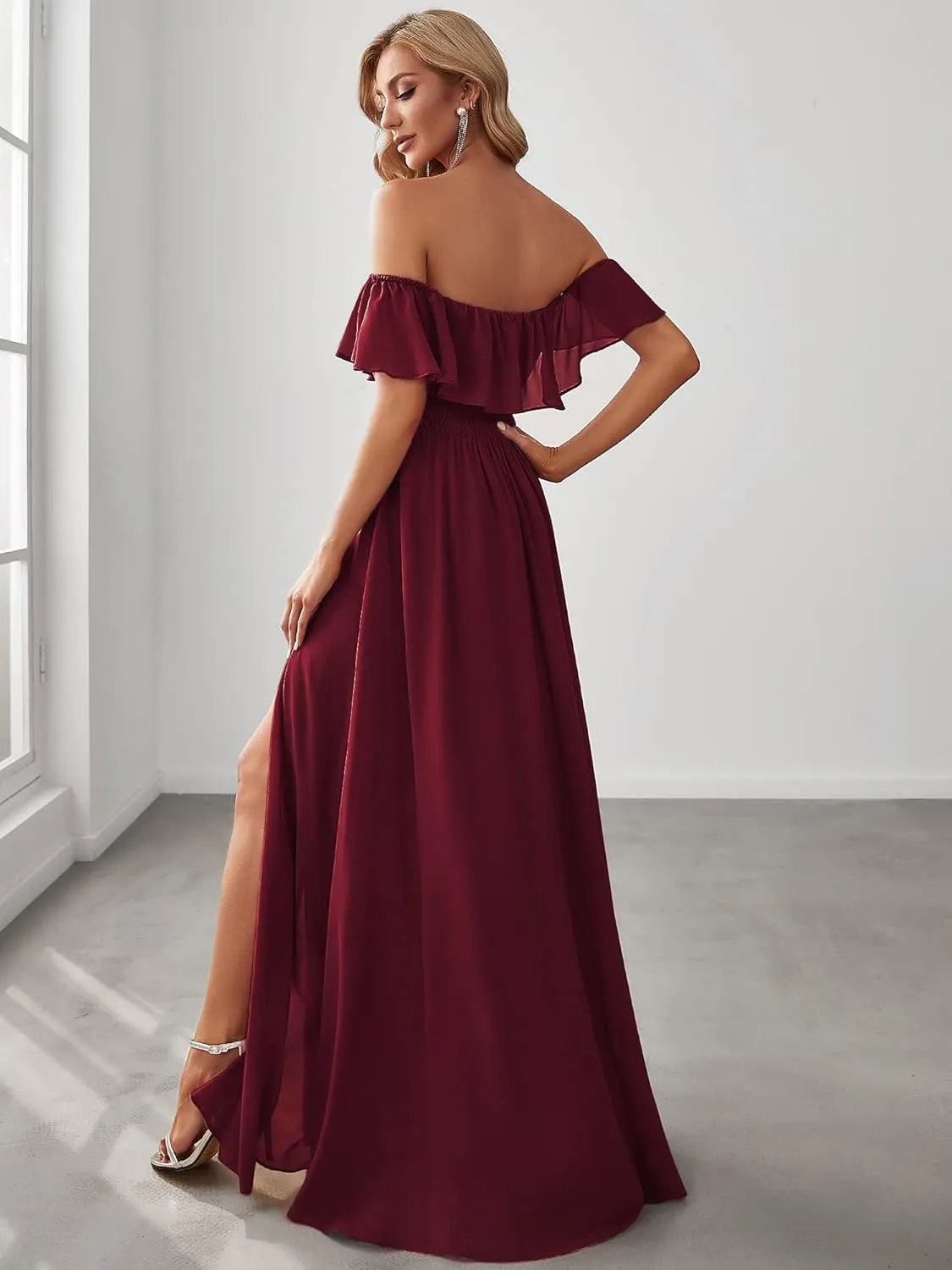 Ever-Pretty Women's Elegant Off The Shoulder Side Split High Waist Flowy Chiffon Maxi Bridesmaid Dress 00968