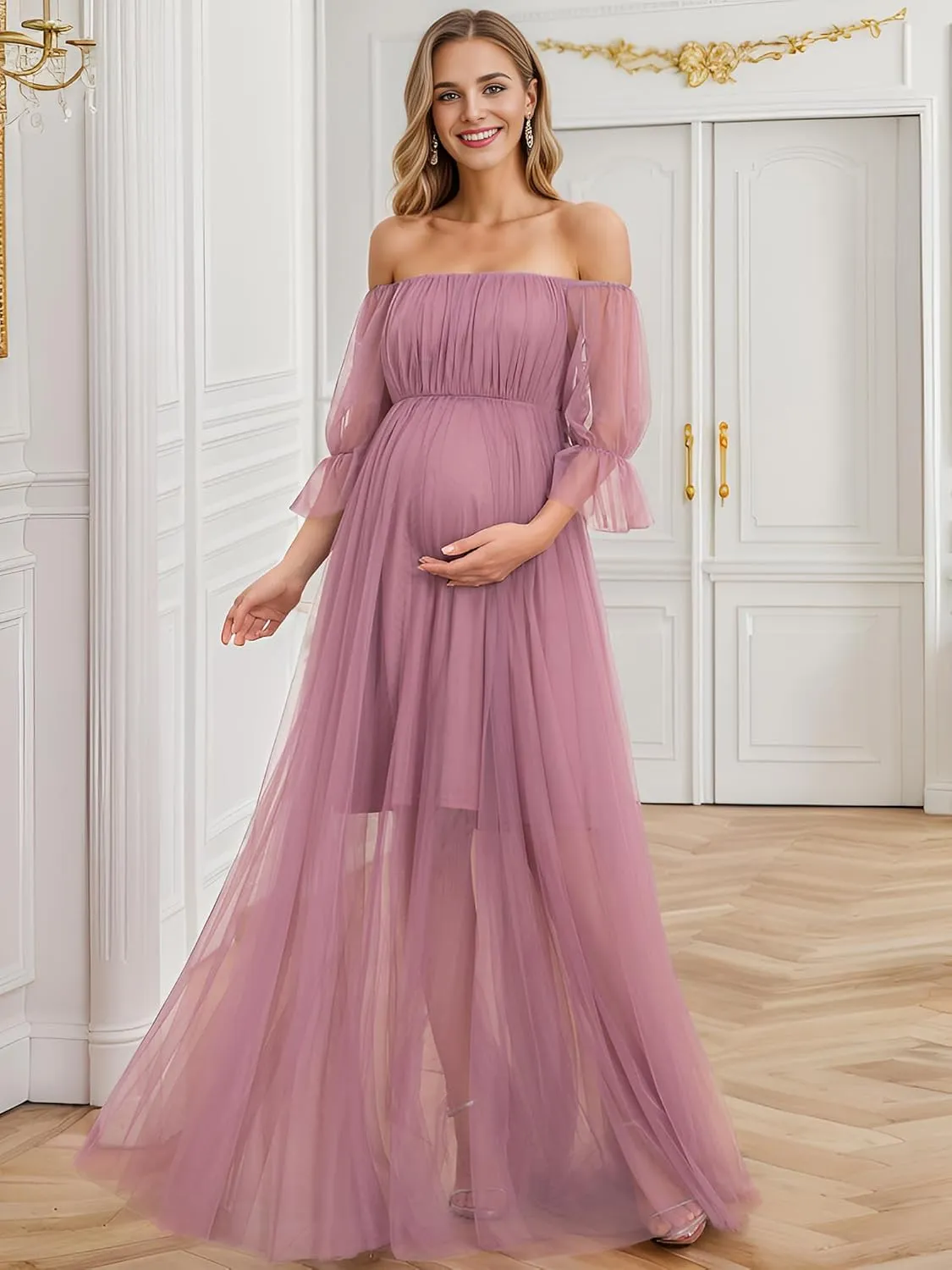 Ever-Pretty Women's Off-Shoulder A-line Tulle Maternity Dress for Baby Shower 20862