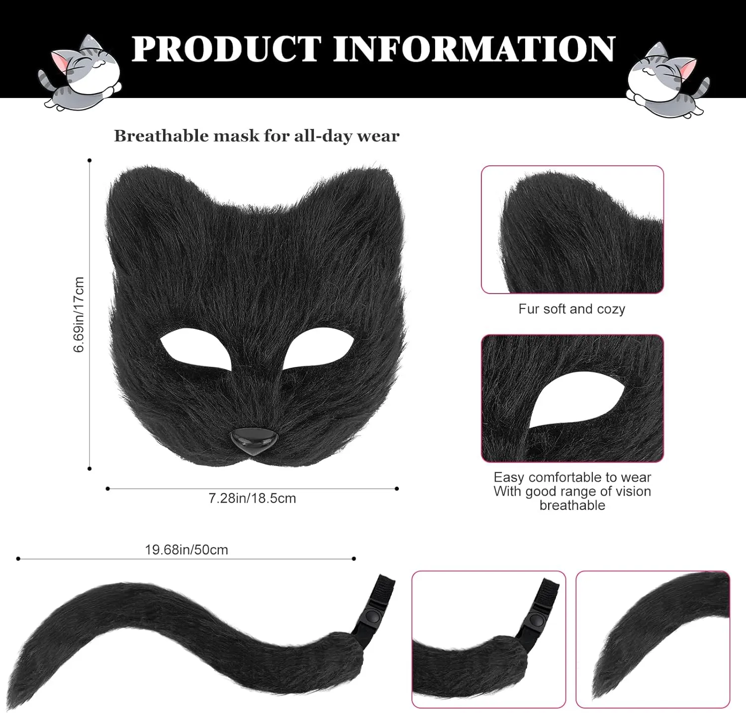 Exlinonline Therian Cat Mask with Tails and Gloves Paws Ears Fox Wolf Furry Costume for Women,Kids Halloween Cosplay