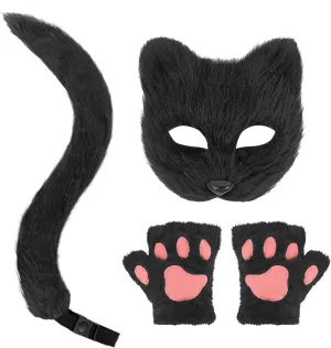 Exlinonline Therian Cat Mask with Tails and Gloves Paws Ears Fox Wolf Furry Costume for Women,Kids Halloween Cosplay