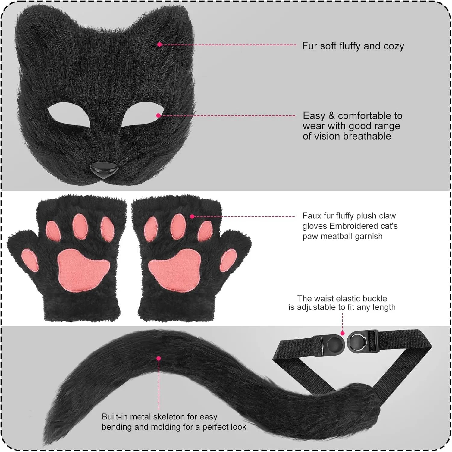 Exlinonline Therian Cat Mask with Tails and Gloves Paws Ears Fox Wolf Furry Costume for Women,Kids Halloween Cosplay