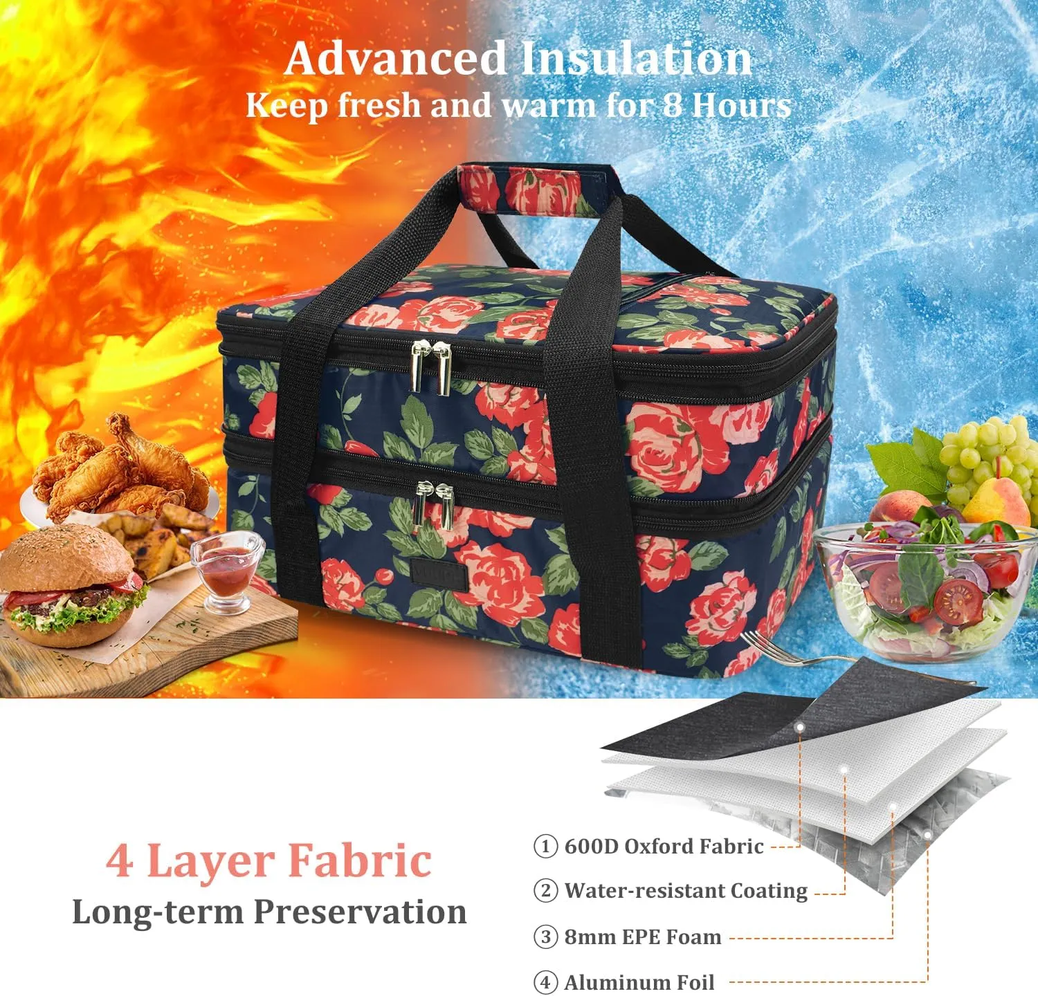 Expandable Casserole Carrier Bag - Double Decker Food Bag, Insulated Casserole Carrier for Hot or Cold Food, Lasagna Holder Tote for Picnics,Beaches,Traveling or Gifts