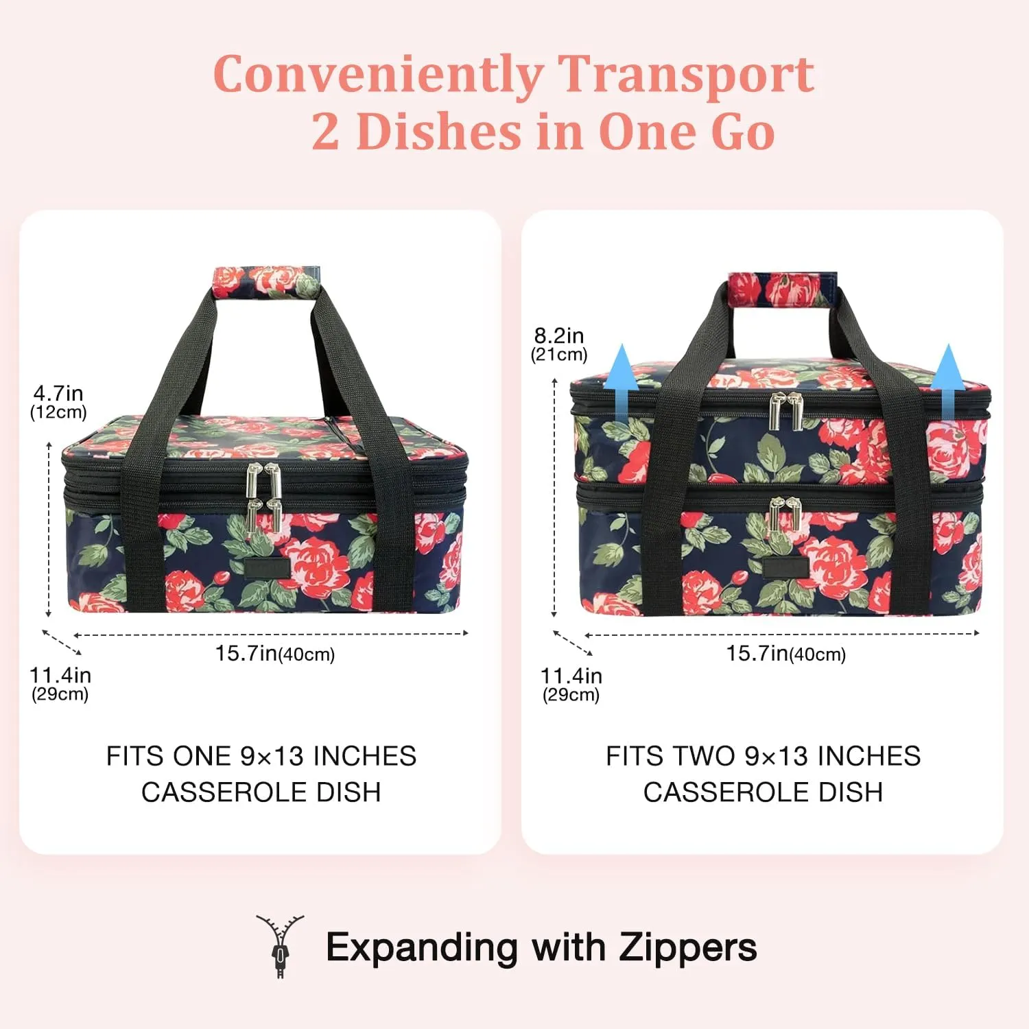 Expandable Casserole Carrier Bag - Double Decker Food Bag, Insulated Casserole Carrier for Hot or Cold Food, Lasagna Holder Tote for Picnics,Beaches,Traveling or Gifts