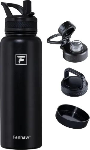 Fanhaw 40 oz Stainless Steel Insulated Water Bottle With 3 Lids (Straw, Spout and Carabiner Lid) - Double Walled Travel Thermal Canteen Mug (Black)