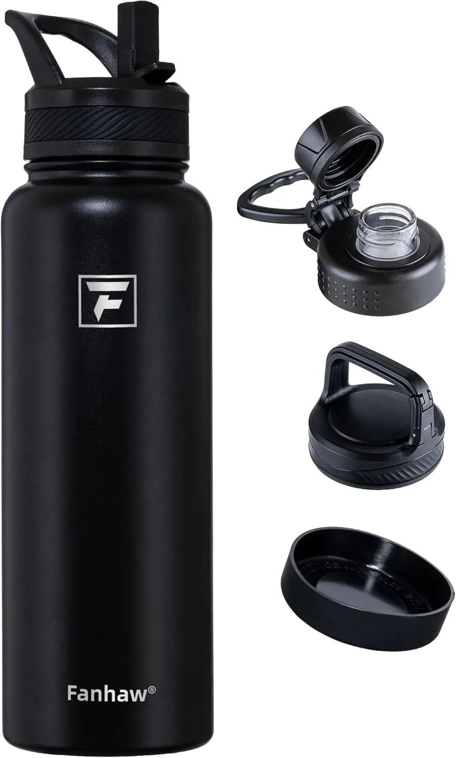 Fanhaw 40 oz Stainless Steel Insulated Water Bottle With 3 Lids (Straw, Spout and Carabiner Lid) - Double Walled Travel Thermal Canteen Mug (Black)