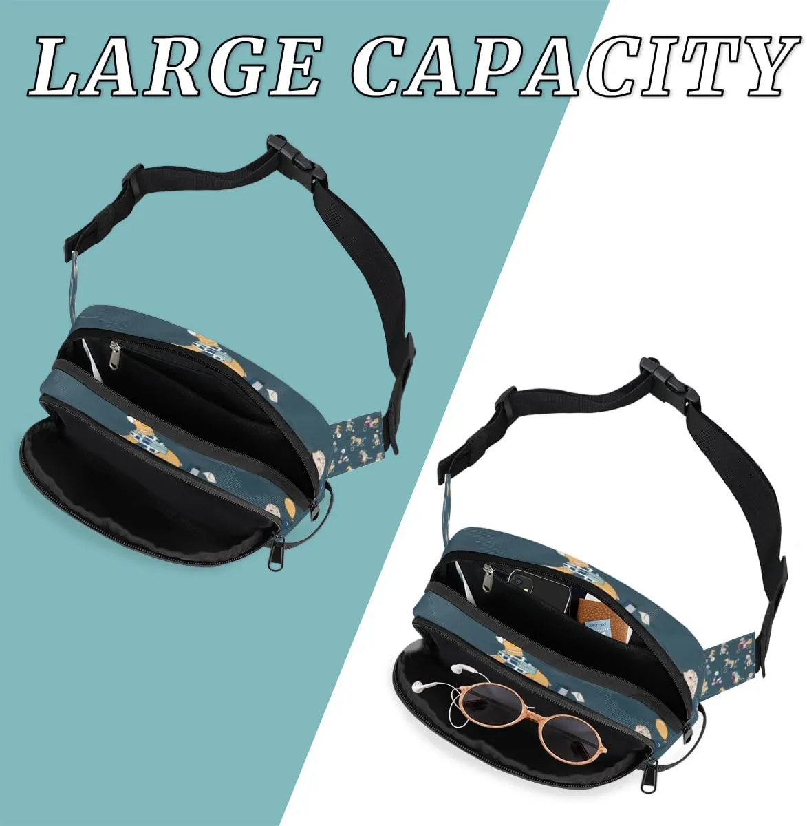 Fanny Pack for Women Men Cute Dogs Paint Crossbody Belt Bag with 3 Zipper Pockets Fashion Waterproof Waist Pack with Adjustable Strap for Travel Running Hiking Cycling