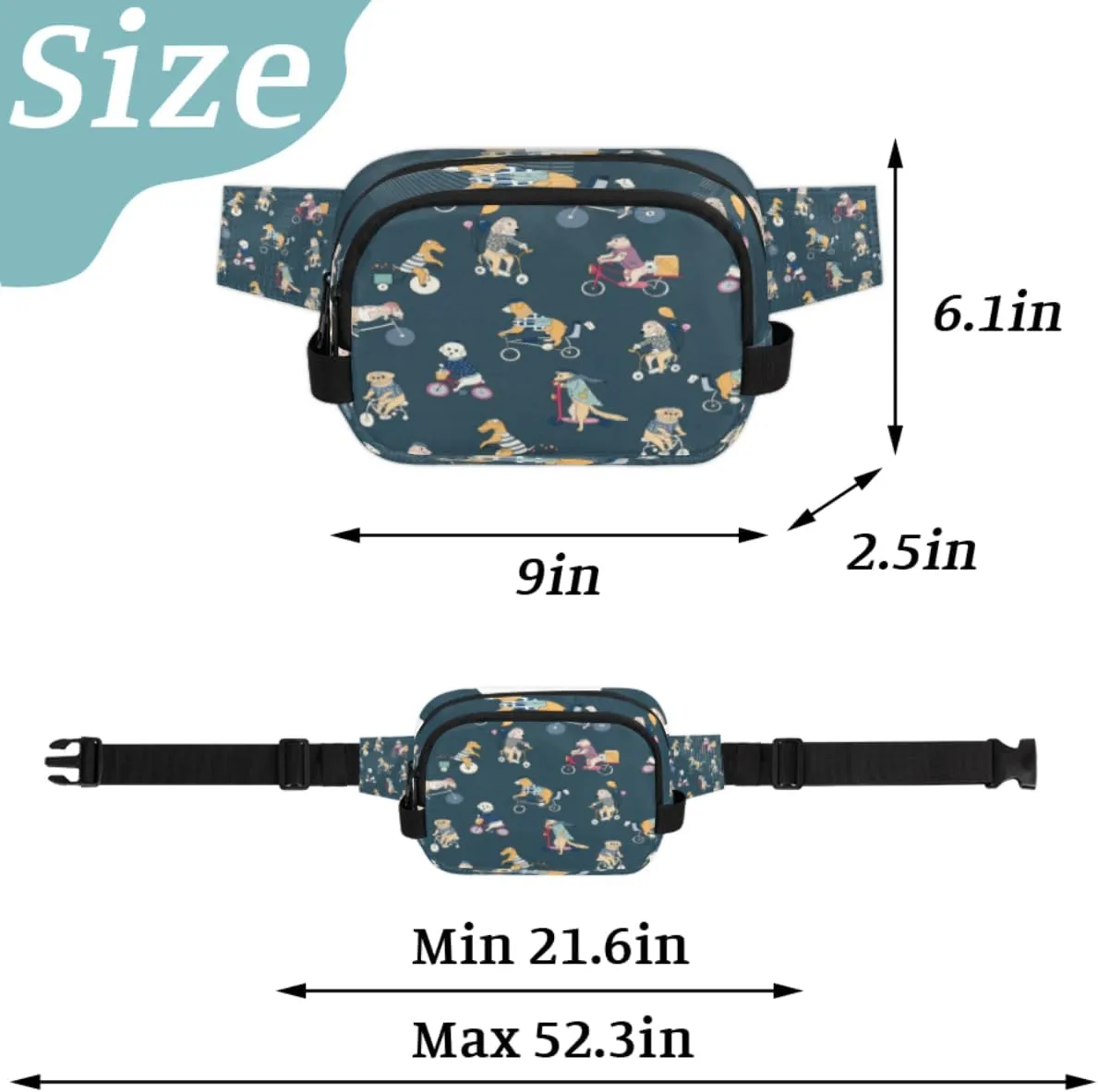 Fanny Pack for Women Men Cute Dogs Paint Crossbody Belt Bag with 3 Zipper Pockets Fashion Waterproof Waist Pack with Adjustable Strap for Travel Running Hiking Cycling