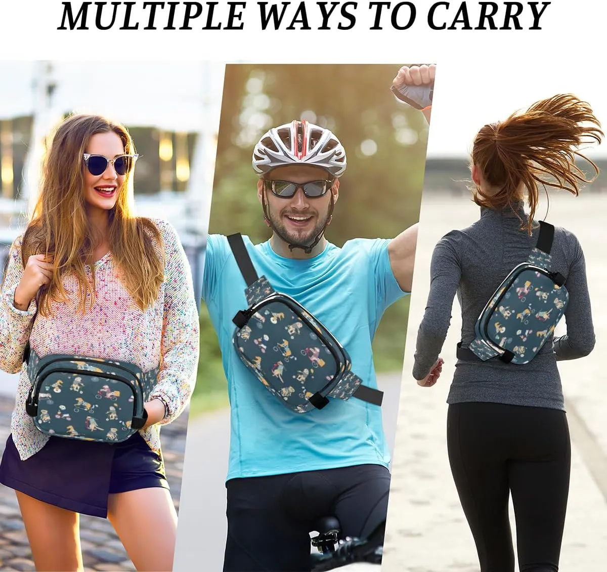 Fanny Pack for Women Men Cute Dogs Paint Crossbody Belt Bag with 3 Zipper Pockets Fashion Waterproof Waist Pack with Adjustable Strap for Travel Running Hiking Cycling