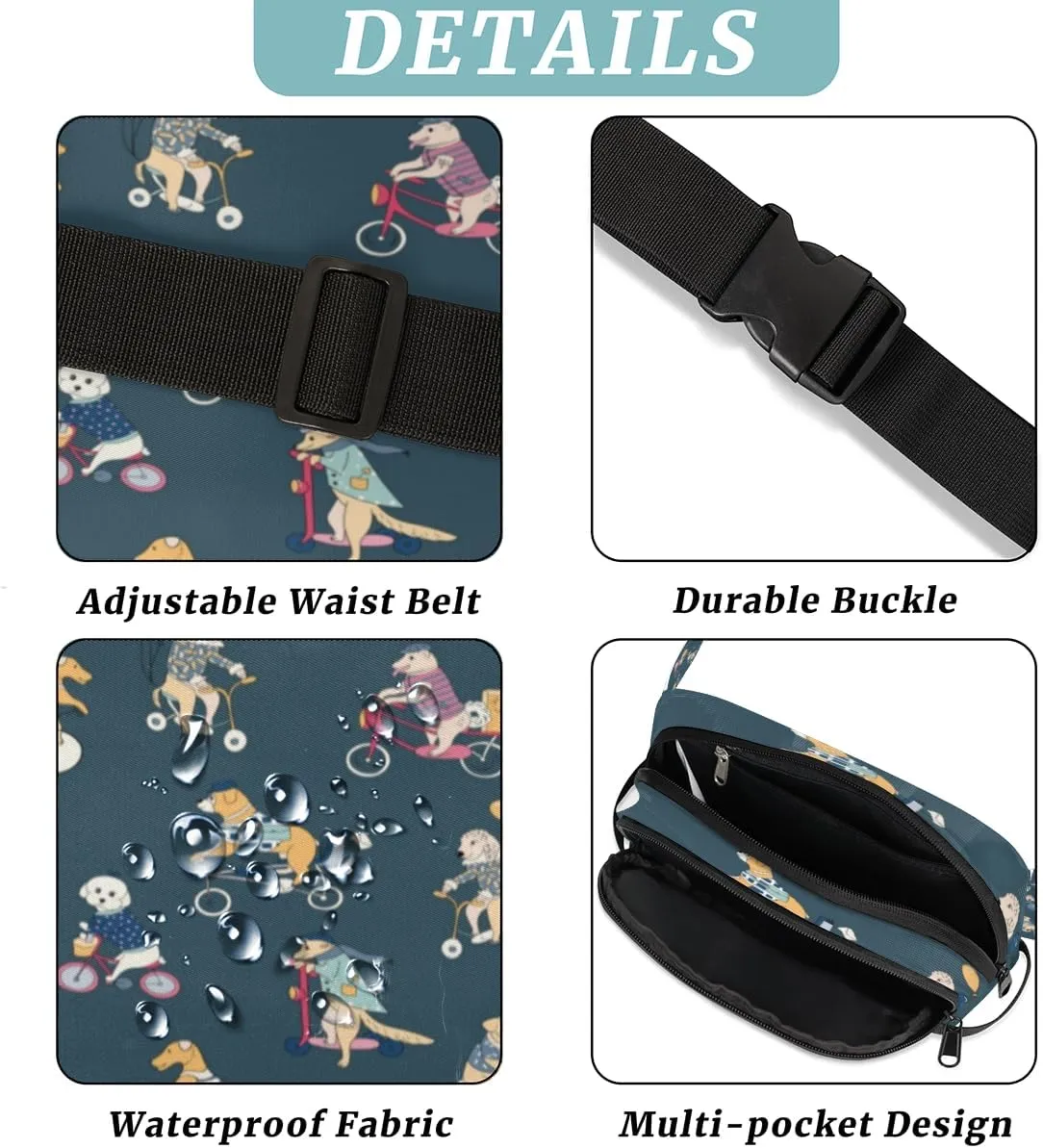 Fanny Pack for Women Men Cute Dogs Paint Crossbody Belt Bag with 3 Zipper Pockets Fashion Waterproof Waist Pack with Adjustable Strap for Travel Running Hiking Cycling