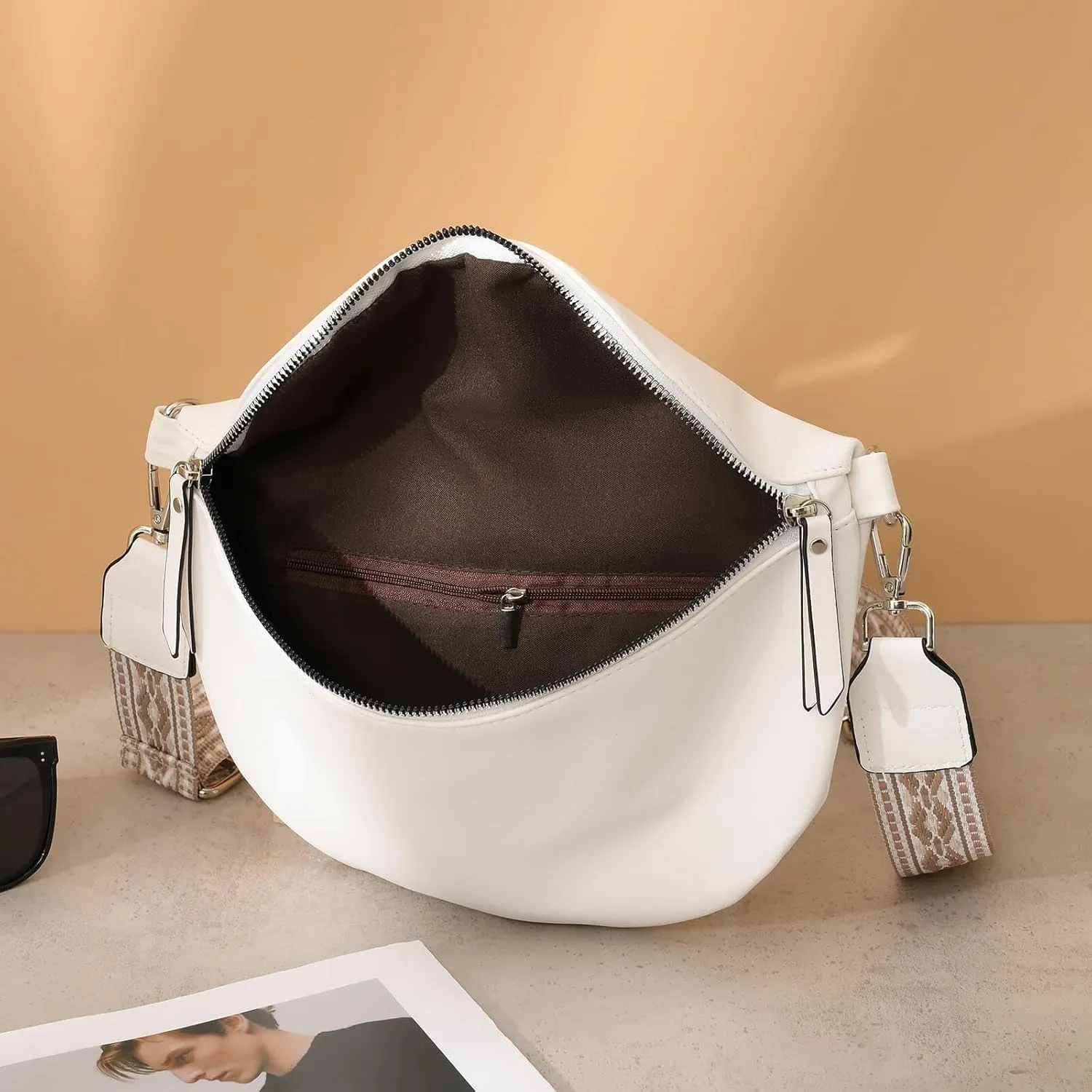 Fanny Packs for Women Cross Body Belt Bag for Women with Guitar Strap PU Leather Crossbody Bags for Women Trendy Cute Designer Bum Bags for Travel Everyday(White)