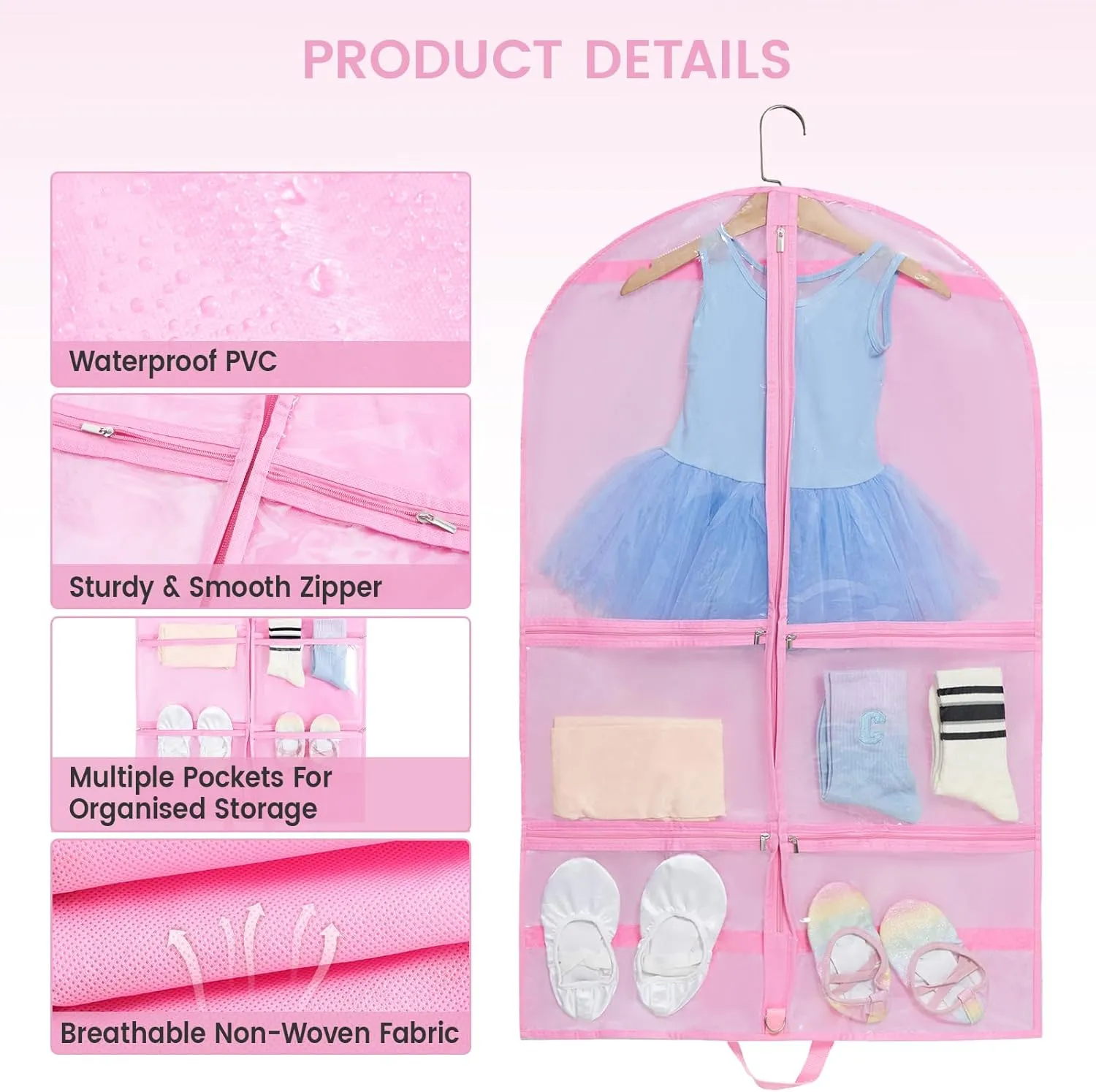 Fanwoli Clear PVC Dance Costume Bags (4 Pack), 40 Inch Garment Bag for Dance Competitions, Cheerleader Uniform Bag, with 4 Zipper Pockets