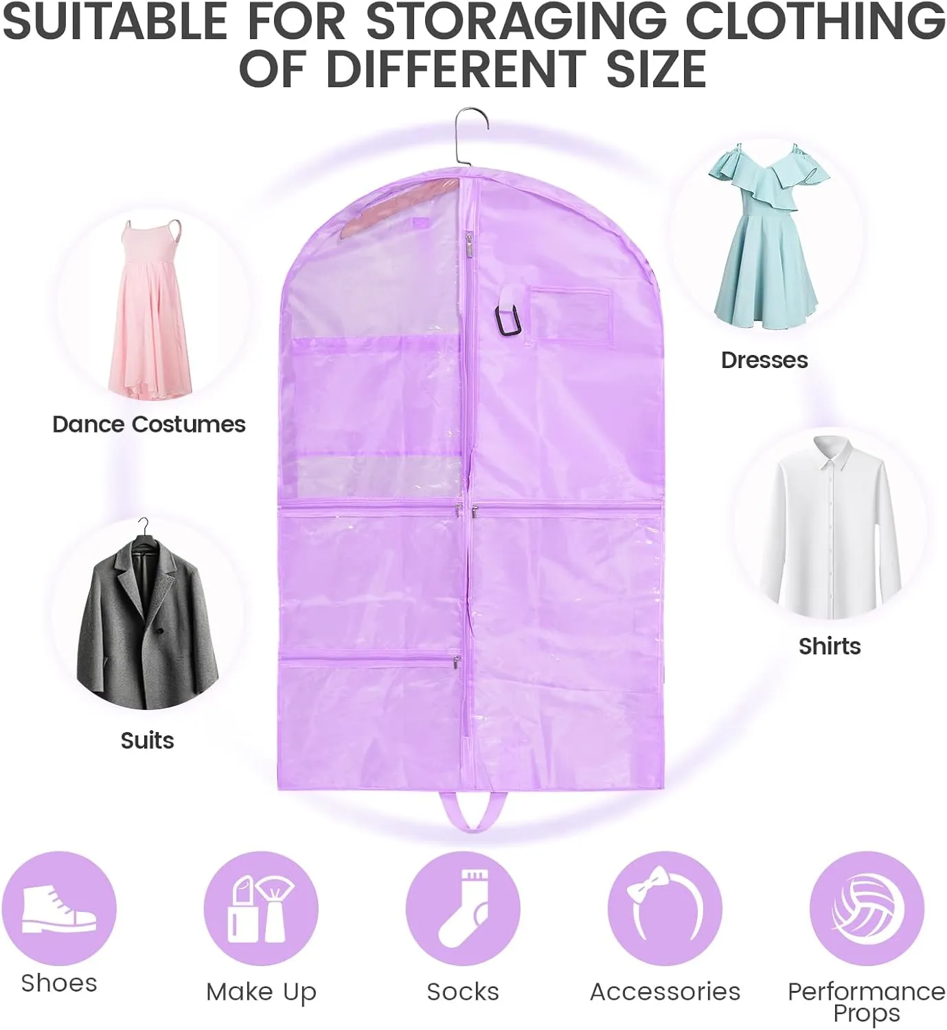 Fanwoli Clear PVC Dance Costume Bags (4 Pack), 40 Inch Garment Bag for Dance Competitions, Cheerleader Uniform Bag, with 4 Zipper Pockets