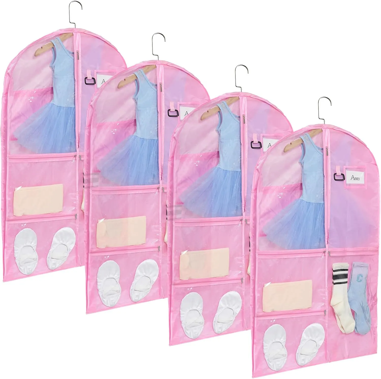 Fanwoli Clear PVC Dance Costume Bags (4 Pack), 40 Inch Garment Bag for Dance Competitions, Cheerleader Uniform Bag, with 4 Zipper Pockets