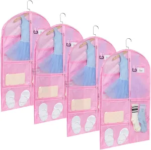 Fanwoli Clear PVC Dance Costume Bags (4 Pack), 40 Inch Garment Bag for Dance Competitions, Cheerleader Uniform Bag, with 4 Zipper Pockets