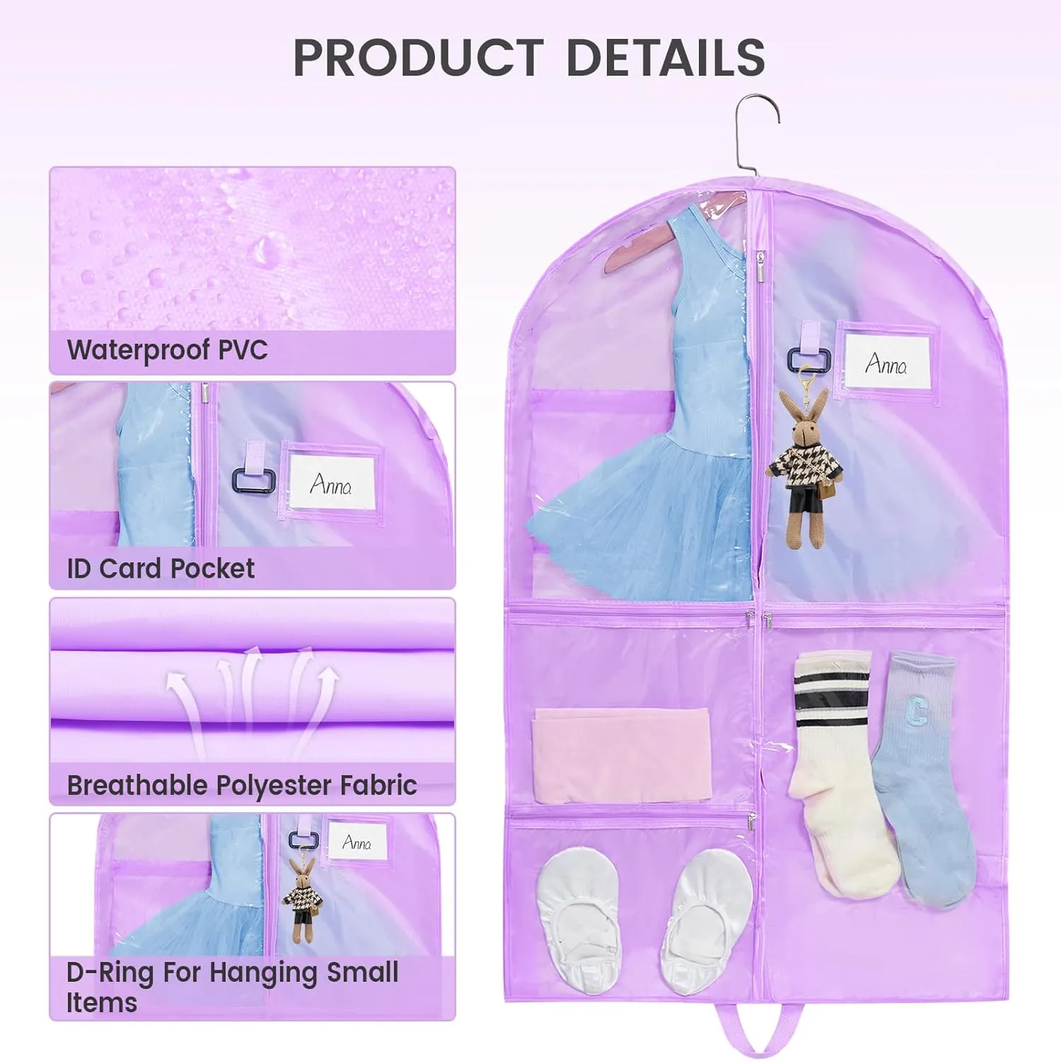 Fanwoli Clear PVC Dance Costume Bags (4 Pack), 40 Inch Garment Bag for Dance Competitions, Cheerleader Uniform Bag, with 4 Zipper Pockets