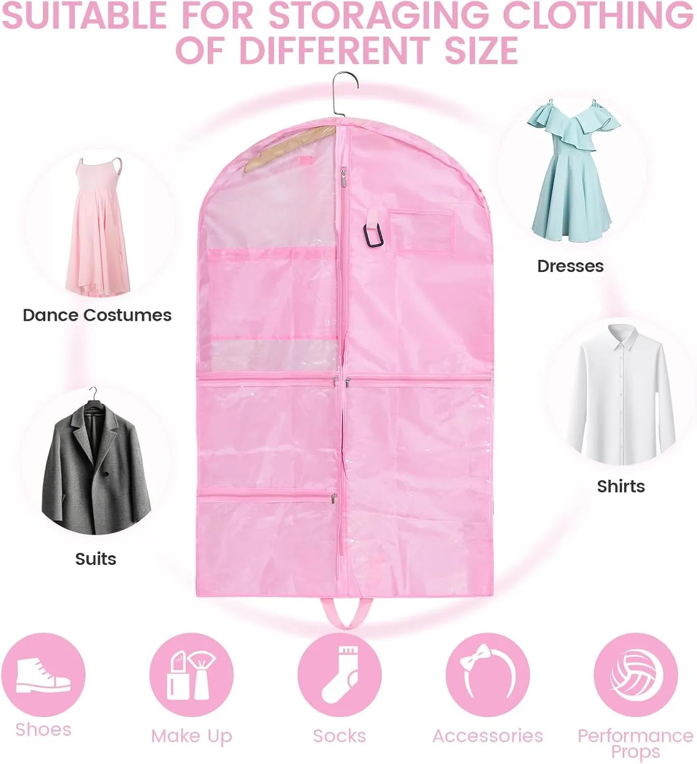 Fanwoli Clear PVC Dance Costume Bags (4 Pack), 40 Inch Garment Bag for Dance Competitions, Cheerleader Uniform Bag, with 4 Zipper Pockets