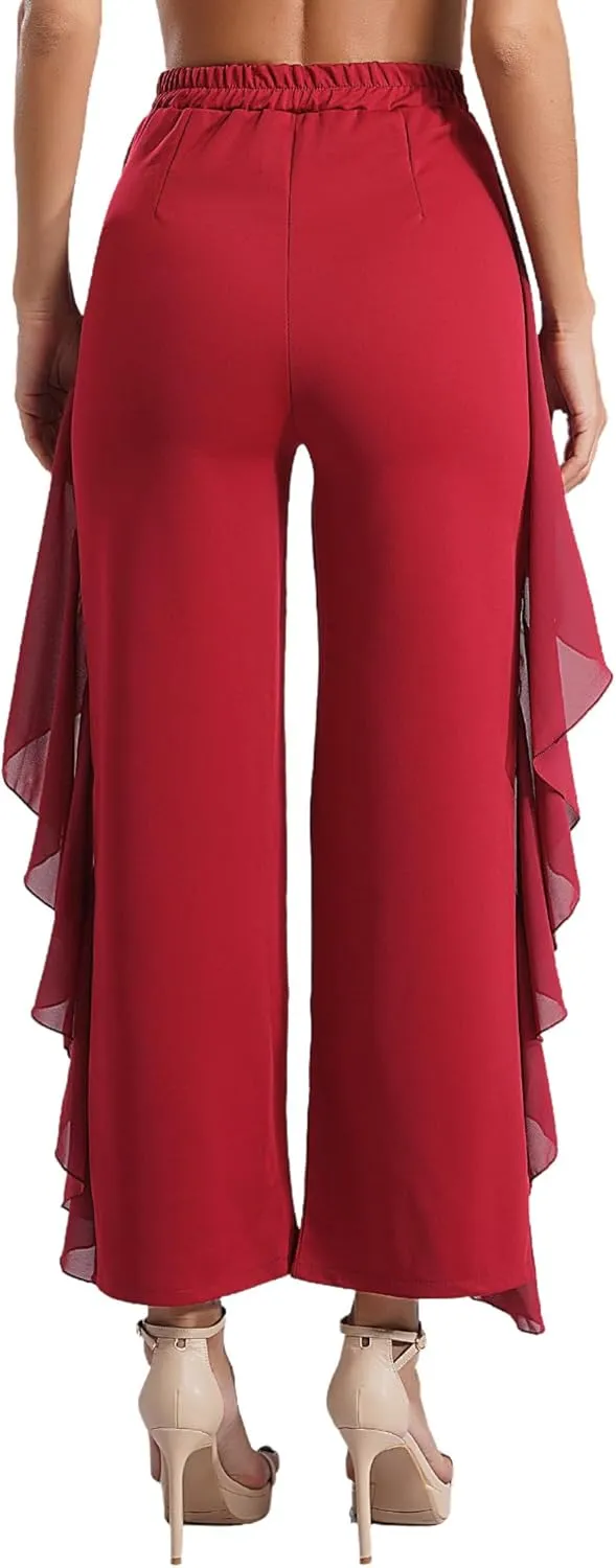 FEESHOW Women's Ruffled Drape Latin Dance Pants High Waist Wide-Leg Trousers Tango Salsa Samba Dance Costume