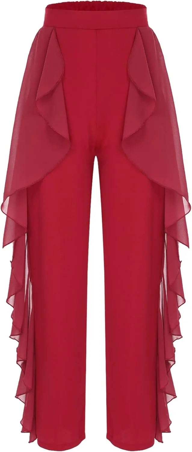 FEESHOW Women's Ruffled Drape Latin Dance Pants High Waist Wide-Leg Trousers Tango Salsa Samba Dance Costume