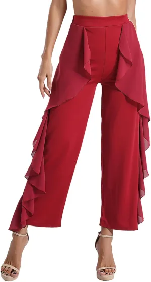 FEESHOW Women's Ruffled Drape Latin Dance Pants High Waist Wide-Leg Trousers Tango Salsa Samba Dance Costume