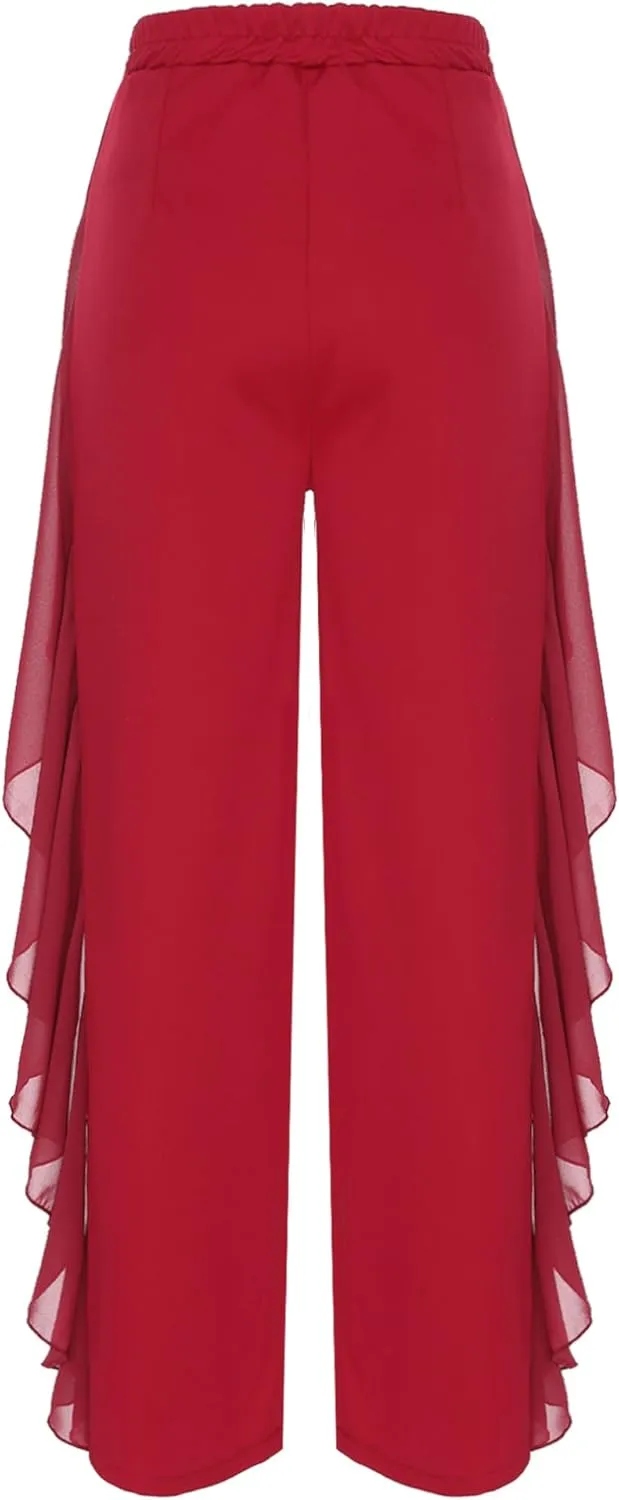 FEESHOW Women's Ruffled Drape Latin Dance Pants High Waist Wide-Leg Trousers Tango Salsa Samba Dance Costume