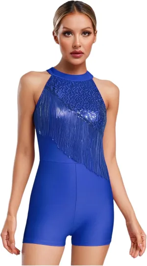 FEESHOW Women's Sparkly Sequin Latin Dance Leotard Tassel Short Rompers Rumba Samba Ballroom Dance Costume