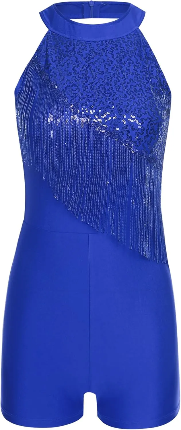 FEESHOW Women's Sparkly Sequin Latin Dance Leotard Tassel Short Rompers Rumba Samba Ballroom Dance Costume